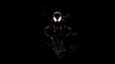 The black suit reads almost entirely as shadow, broken by white eye lenses and thin red glitch lines.