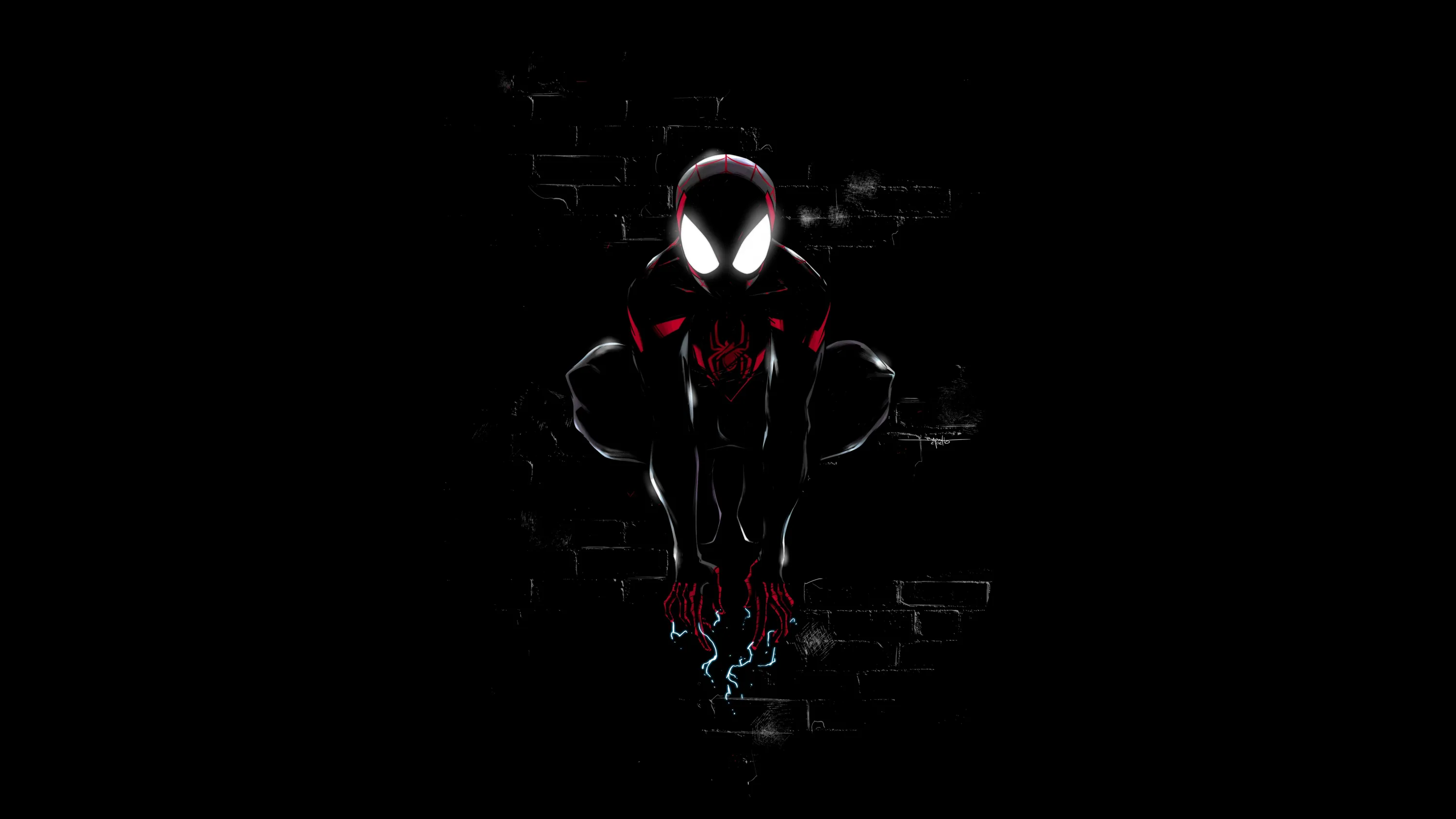 The black suit reads almost entirely as shadow, broken by white eye lenses and thin red glitch lines.