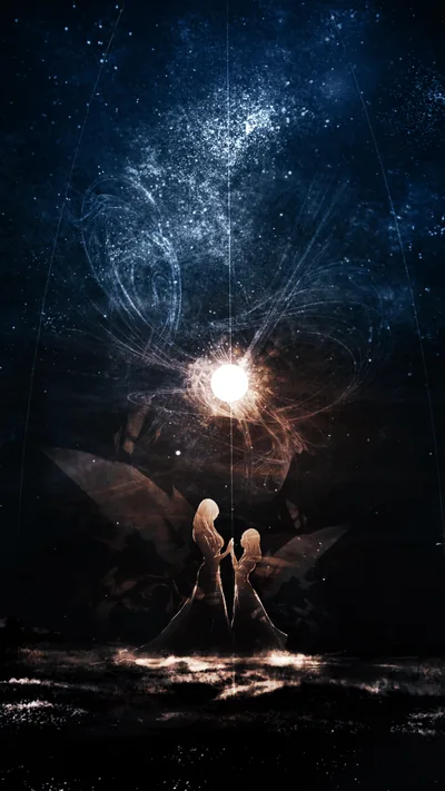 Two pale figures stand on dark water before a burst of light, a star field filling the top half where the lock-screen clock sits easily.