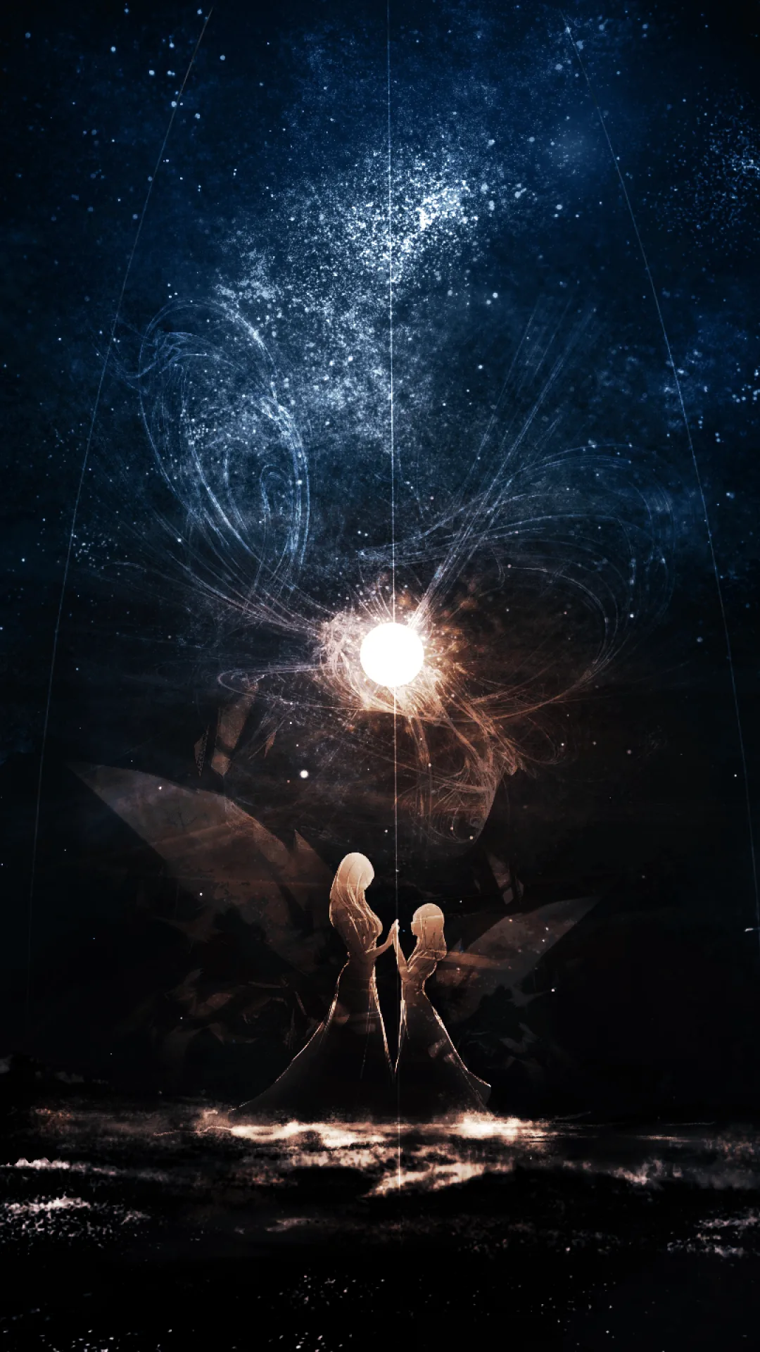 Two pale figures stand on dark water before a burst of light, a star field filling the top half where the lock-screen clock sits easily.