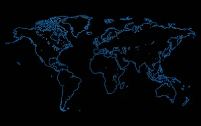 A thin blue outline traces every continent across a flat black field, the coastlines glowing faintly like a lit map on glass.