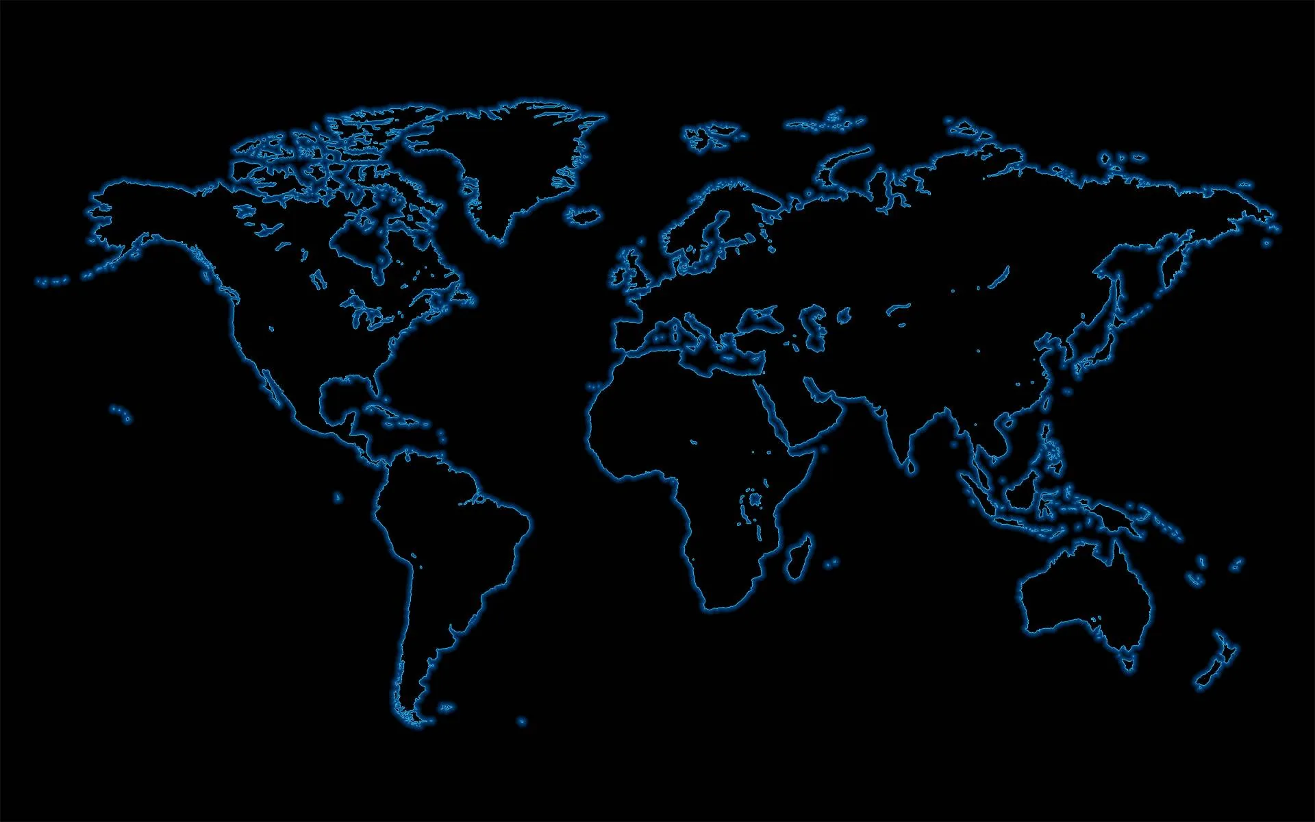 A thin blue outline traces every continent across a flat black field, the coastlines glowing faintly like a lit map on glass.