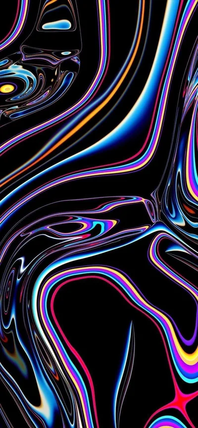 Ribbons of blue, magenta and gold marble through a glossy black surface like oil on water, brightest along the lower right.