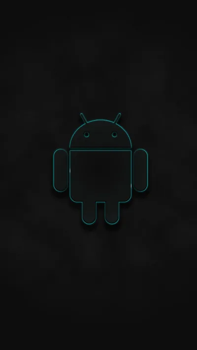 The Android robot drawn as a thin teal outline sits centred on charcoal, the background fading out to black at the corners with room above for icons.