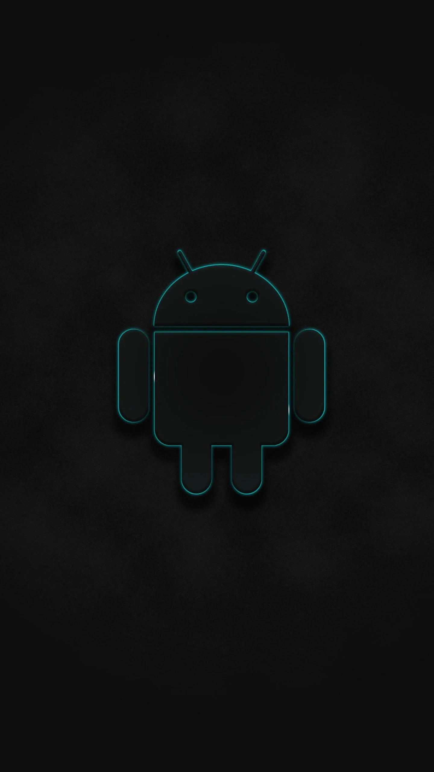 The Android robot drawn as a thin teal outline sits centred on charcoal, the background fading out to black at the corners with room above for icons.