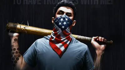 A man with an American-flag bandana over his face shoulders a barbed bat, block lettering running across the top of the dark poster.