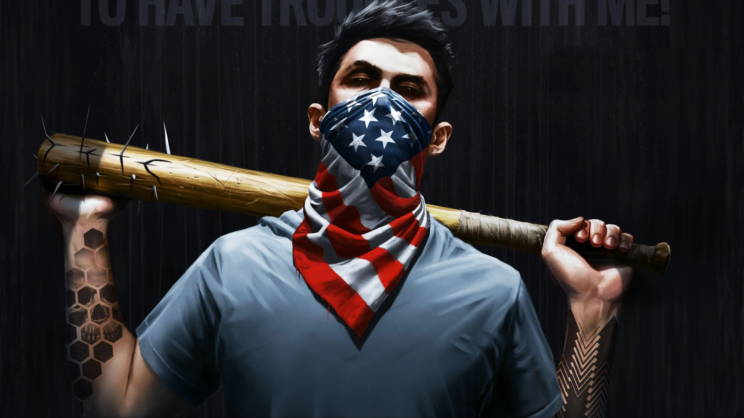A man with an American-flag bandana over his face shoulders a barbed bat, block lettering running across the top of the dark poster.