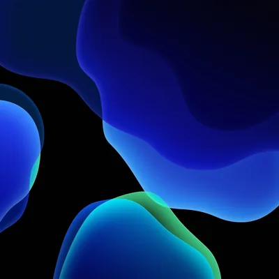 Rounded organic shapes in cobalt, sky blue and a touch of green float on a black square field with wide gaps left between them.