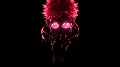 Only the outline survives — spiked hair, two glowing eyes and a pair of raised hands traced in hot pink over pure black.