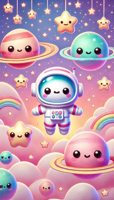 A suited astronaut floats mid frame between ringed candy planets and drowsy stars, the palette shifting from purple at the top to peach below.