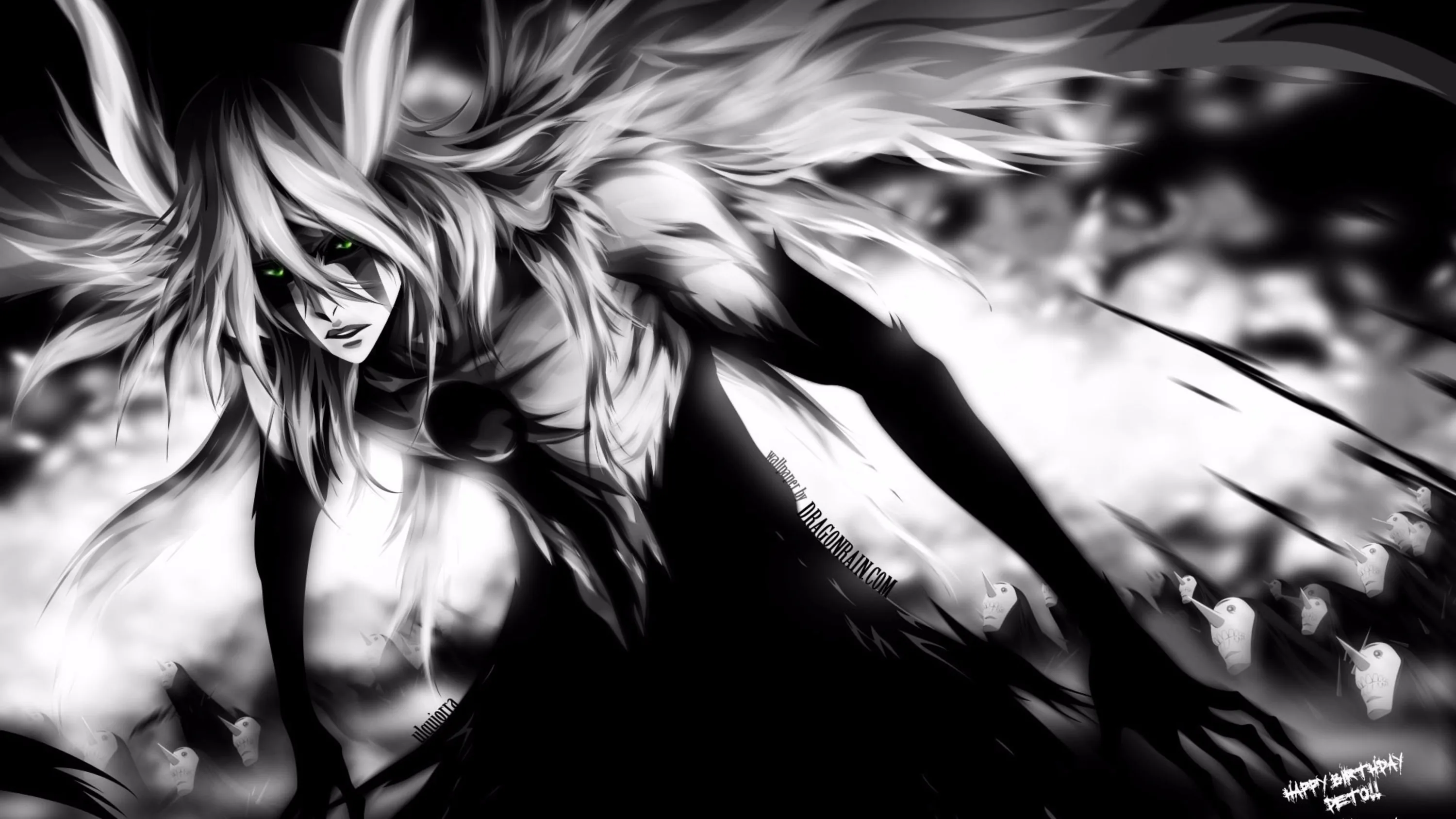 High-contrast black and white art of a snarling figure with wild pale hair and a sword, headstones just visible in the blurred background.