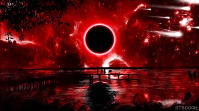 A dark eclipse burns red across the sky above a still lake and a wooden pier, meteors streaking down the right side.