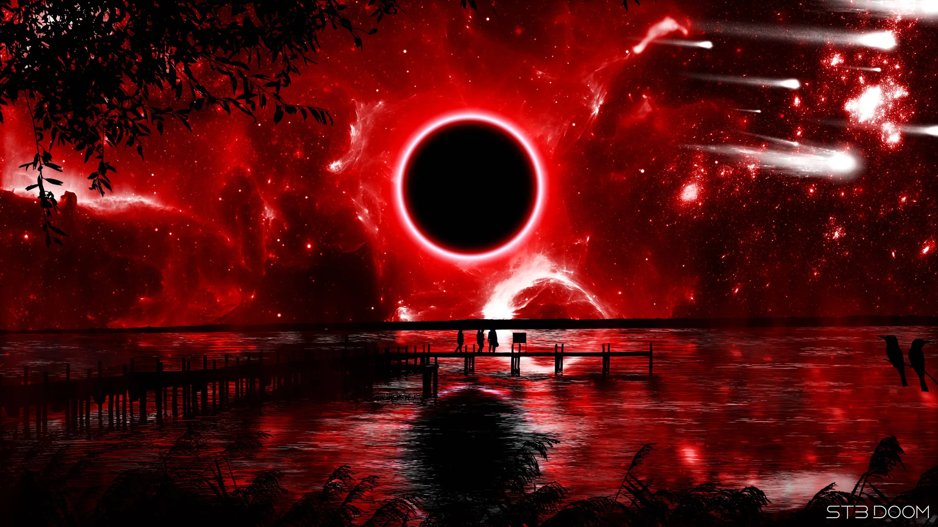 A dark eclipse burns red across the sky above a still lake and a wooden pier, meteors streaking down the right side.