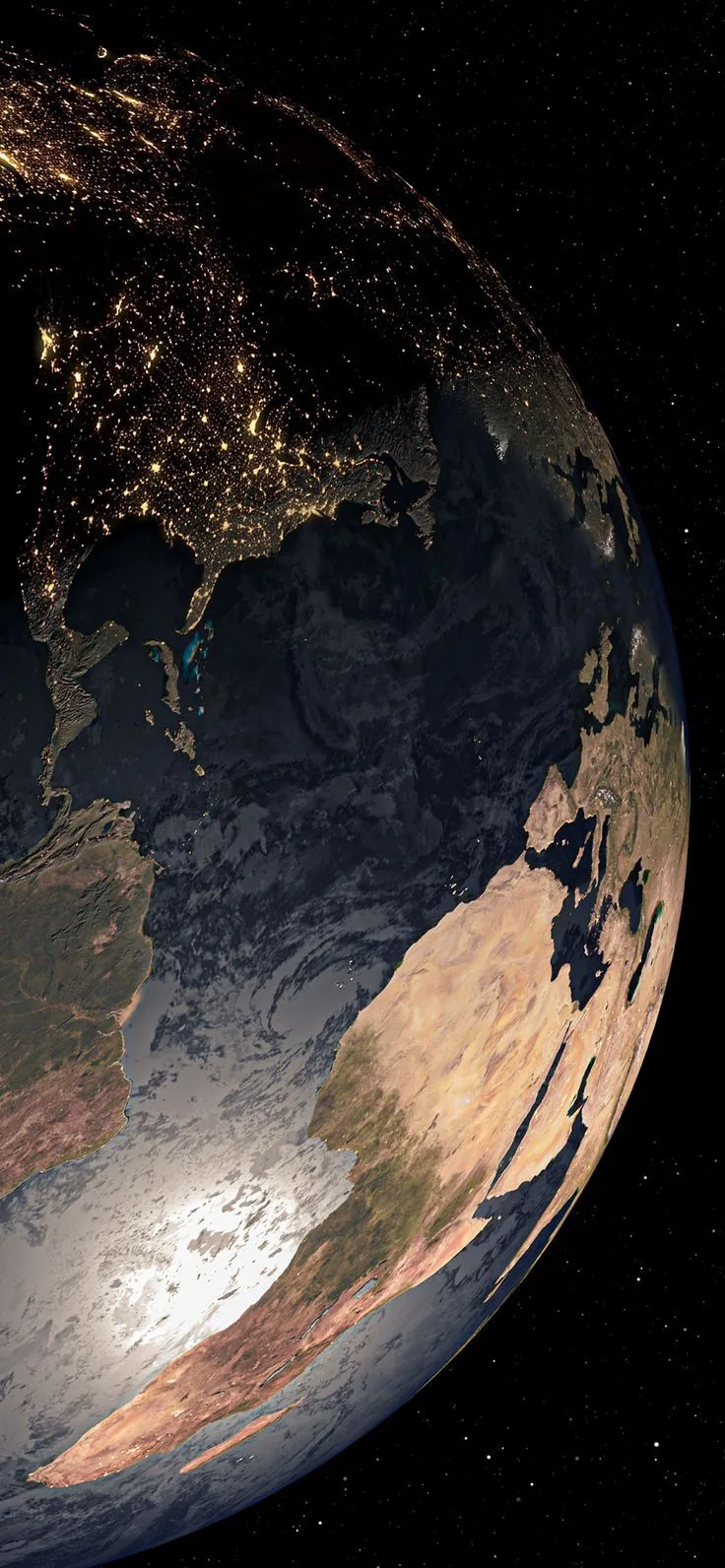City lights speckle the dark upper continents while sunlit desert glows below, the globe's edge leaving a thin black star strip along the right.