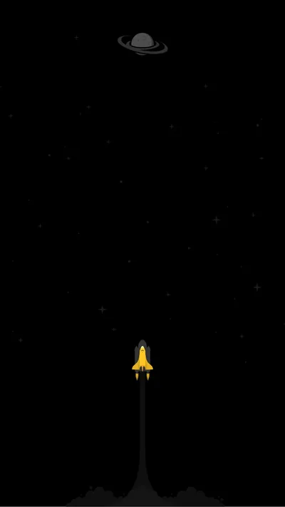 A small yellow rocket climbs on a smoke trail toward a ringed planet, minimal flat art on a starry black sky.