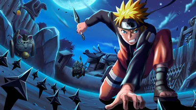 Naruto crouches low with a kunai raised while shuriken scatter from the bottom left, a full moon and a sleeping village washed in cold blue behind him.