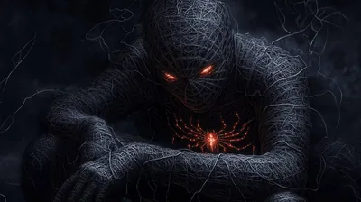 A figure sheathed in dense grey webbing crouches forward, glowing red eyes and a red spider mark on the chest the only colour in the frame.