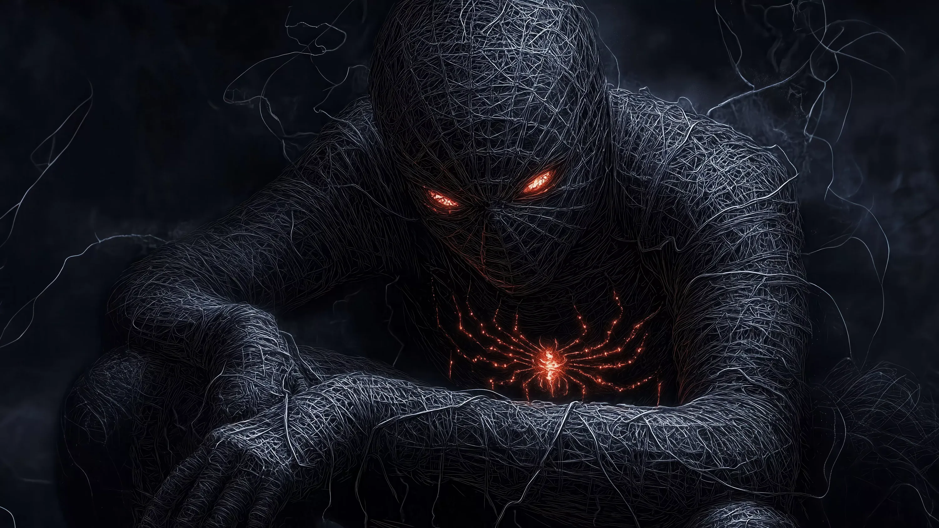 A figure sheathed in dense grey webbing crouches forward, glowing red eyes and a red spider mark on the chest the only colour in the frame.