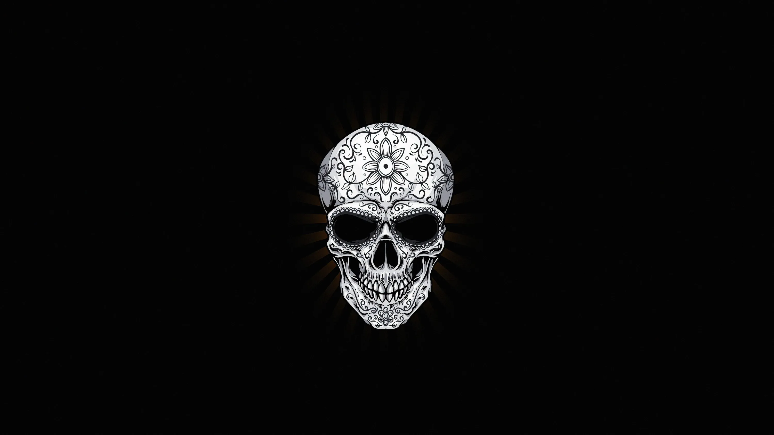 A small skull made of fine white filigree floats at the centre of a wide black frame, its swirls dense at the crown and open at the jaw.