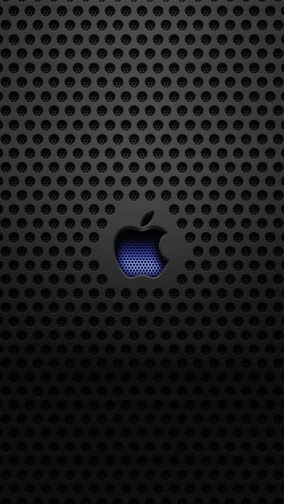 A perforated dark metal grid fills the screen, one hole filled with a small blue Apple logo just above the centre.