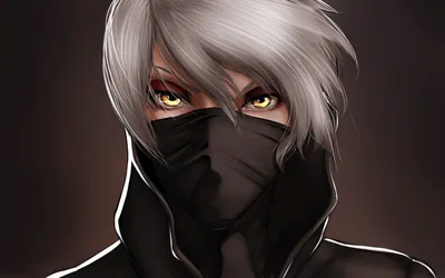 Close portrait of a silver-haired anime boy with yellow eyes over a black face mask, painted against a warm brown background.