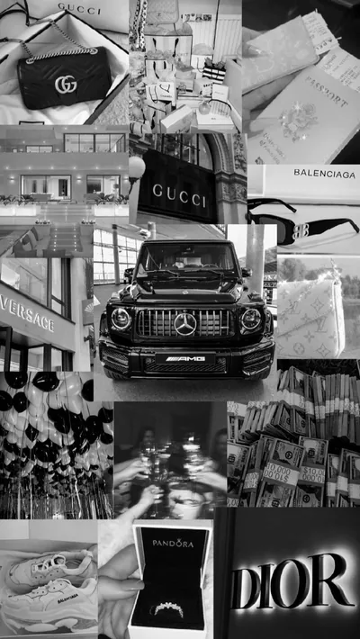 Gucci, Dior and Balenciaga boxes crowd a black-and-white grid around a G-Class front end, sized tall for a phone screen.