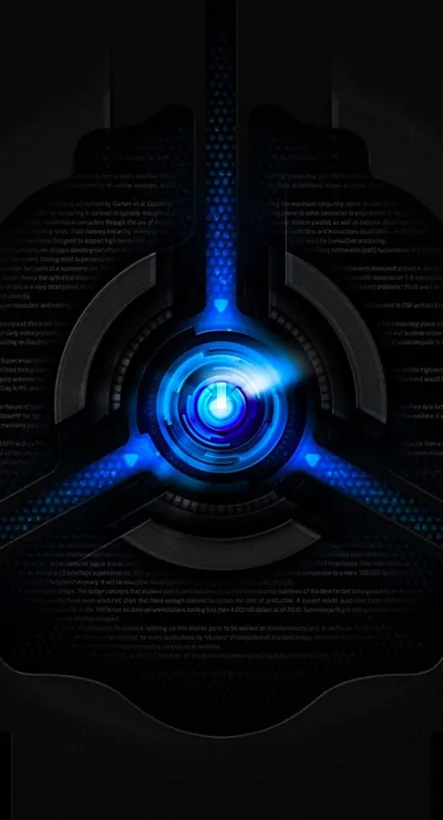 A three-spoke housing surrounds a bright blue lens at the centre, set into a dark carbon panel with faint concentric rings behind it.