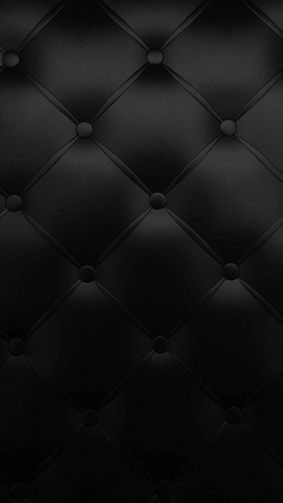 Buttoned tufting pulls black leather into an even diamond grid, each dimple catching a small point of light down a tall frame.