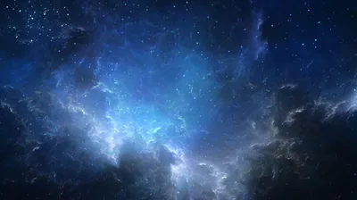 Soft blue light glows through banks of grey interstellar cloud, leaving the corners in shadow so desktop icons stay easy to read.