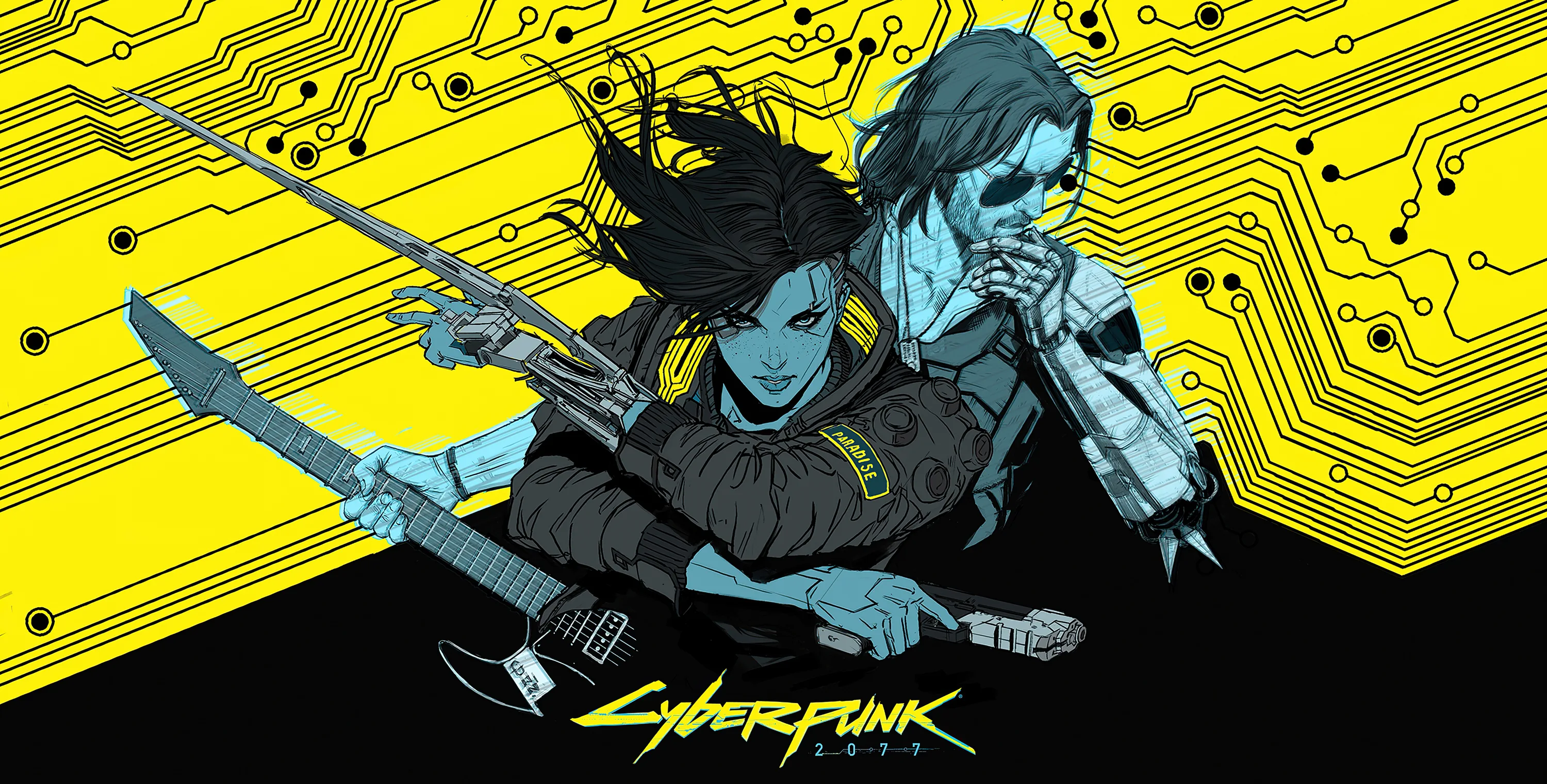 Two rockerboys with guitar and mic sprawl across the game's yellow circuit-board artwork, the logo printed bottom-centre in black.