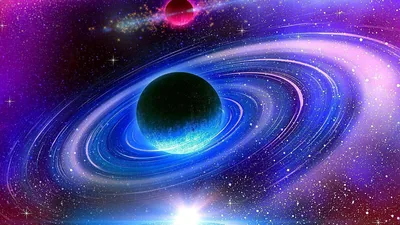 Digital art of a dark blue planet wrapped in glowing white rings, a second ringed world behind it and a flare of light rising from below.