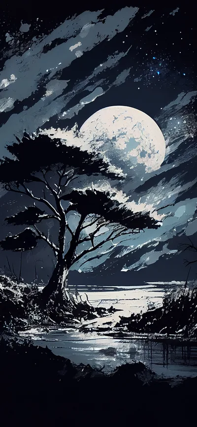 An ink-styled tree leans across a large pale moon in navy and white, streaked clouds and a lit shoreline below in anime-poster style.