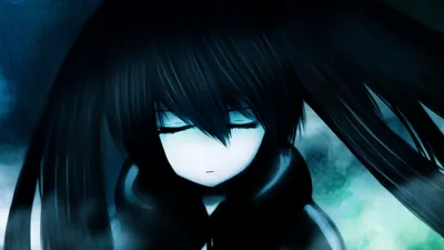Black Rock Shooter's pale face fills the frame with eyes closed, black twin-tails trailing into a cold blue-green glow at the edges.