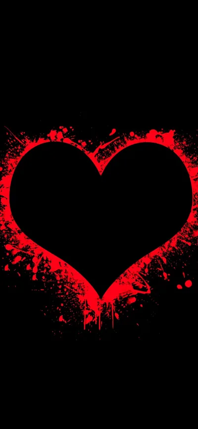 A heart cut out of thrown red paint, edges ragged with flecks and drips, the centre solid black for icons.