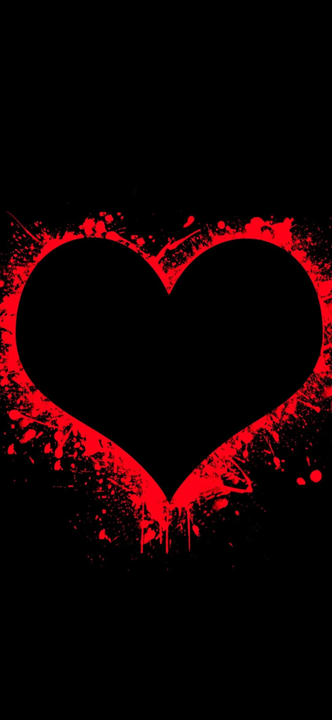A heart cut out of thrown red paint, edges ragged with flecks and drips, the centre solid black for icons.