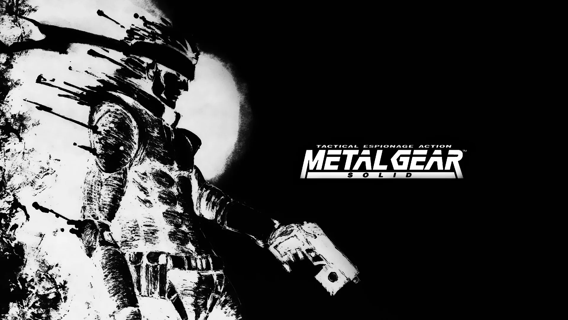 A soldier in high-contrast black and white crouches at the left edge, the Metal Gear Solid wordmark set against flat black on the right.