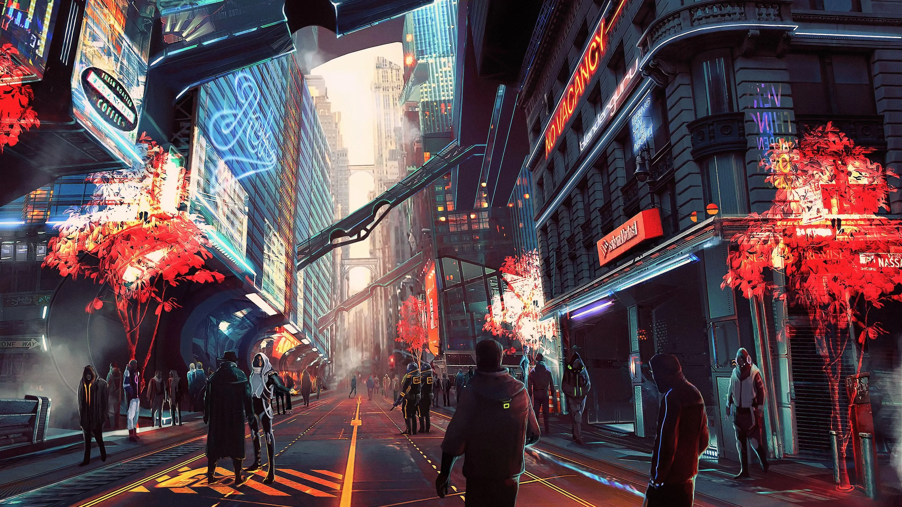 Crimson-leaved trees line a shopping street as a gunship slides between the towers overhead, pedestrians drifting through cool morning shadow below.