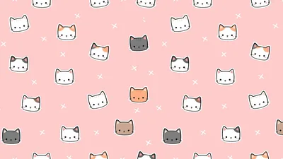Small cat heads in white, grey and ginger dot a plain pink ground with sparkle marks, spaced widely so icons fit between the faces.