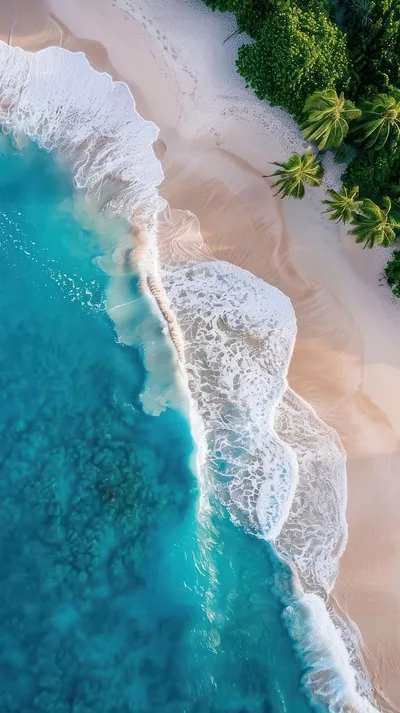 Looking straight down on a surf line dividing white sand from reef water, a strip of palm canopy running along the top edge.
