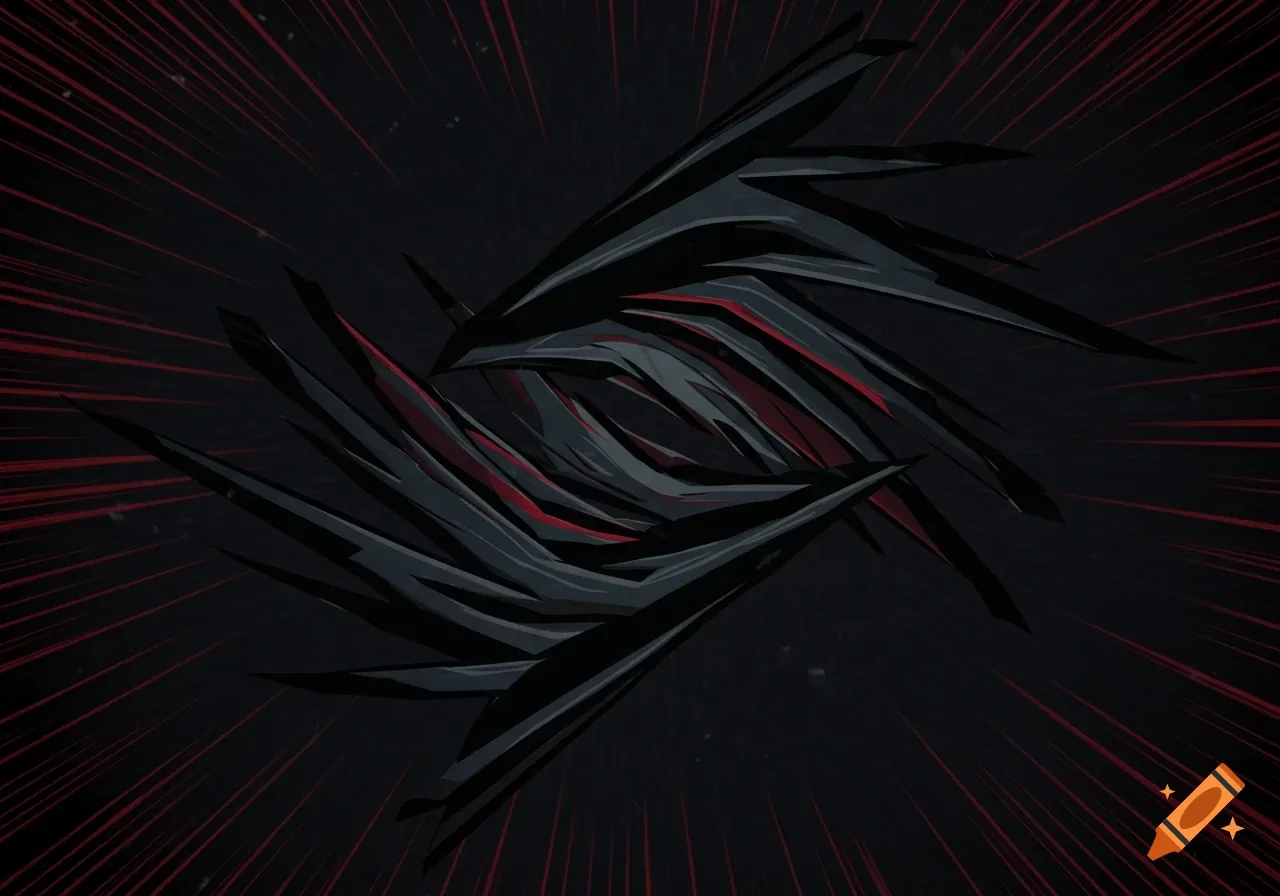 The ROG eye is rebuilt from sharp matte black blades with thin red lines radiating out behind it like speed streaks.
