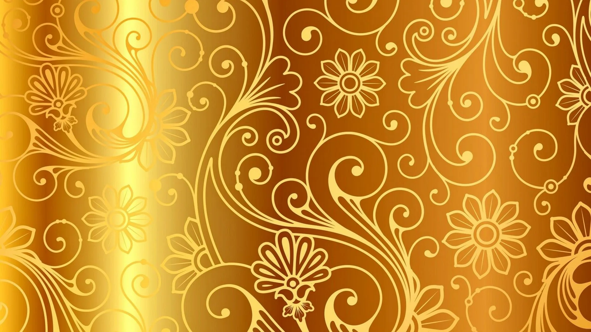 Curling vines and small daisies drawn in thin gold lines over an amber gradient, a brighter vertical band glowing near the left edge.