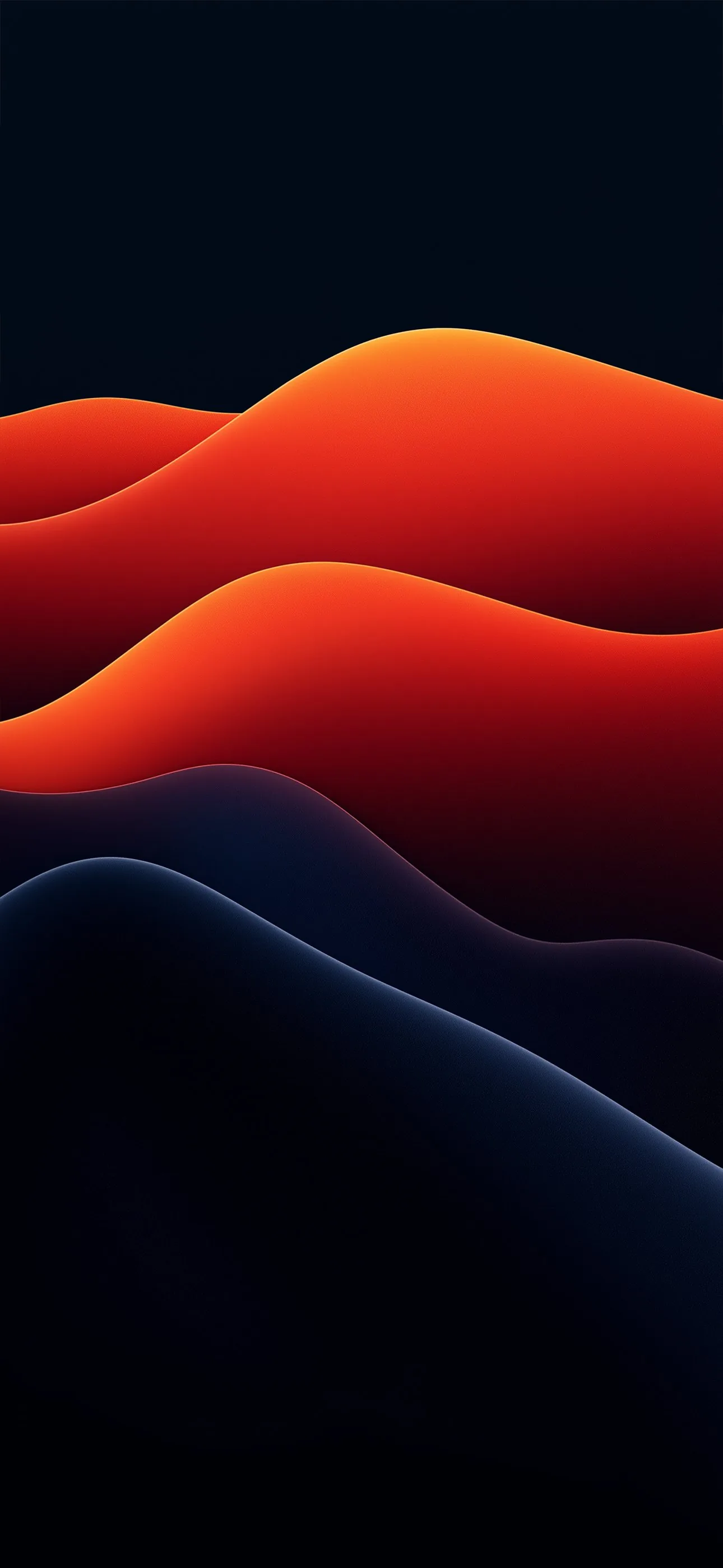 Waves of orange fade into navy hills on a black field, the top quarter left fully dark so an iPhone clock sits clean.