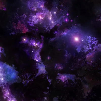 Violet cloud banks break around patches of near-black in a square frame, a few stars flaring six-pointed through the gaps.