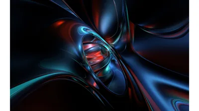 Metallic ribbons in midnight blue and ember red twist around a central knot, their glassy reflections the only light in a black frame.