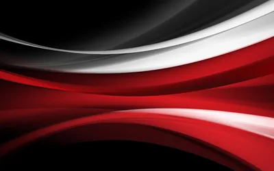 Red, white and black ribbons fold over one another in smooth curves, the black kept to the top left and the red filling the rest.