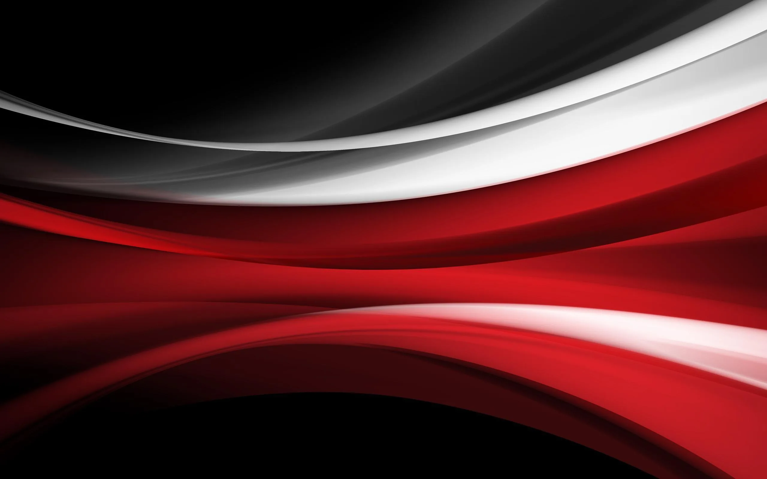 Red, white and black ribbons fold over one another in smooth curves, the black kept to the top left and the red filling the rest.