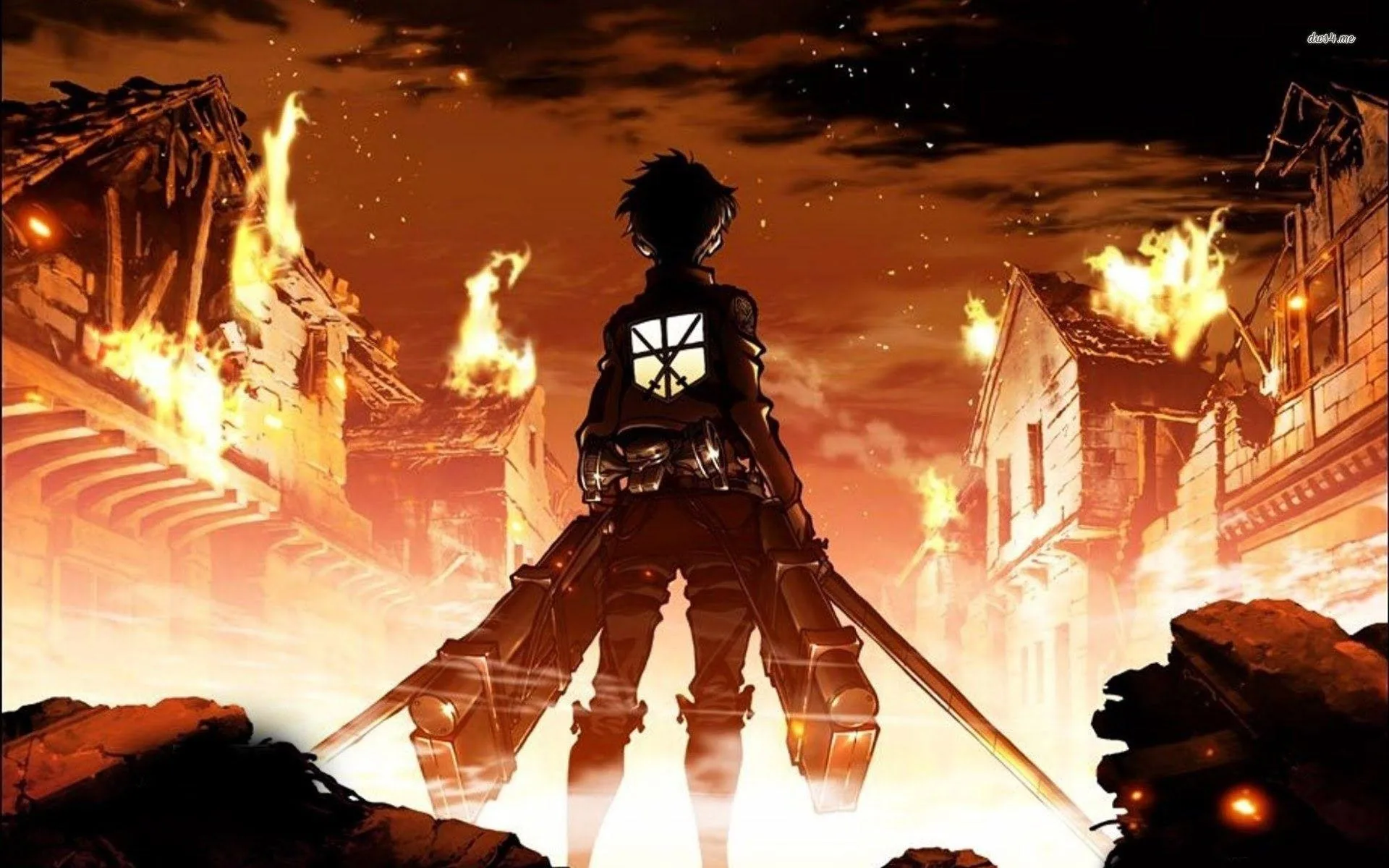 A cloaked soldier stands in silhouette with twin blades drawn, the wing crest on his back lit by houses burning down both sides of the street.