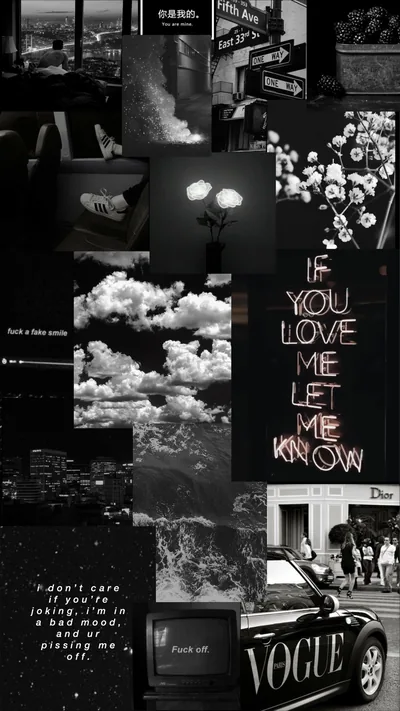 A neon line reading if you love me let me know runs down the middle of a photo grid, clouds, white flowers and a car door filling the panels around it.
