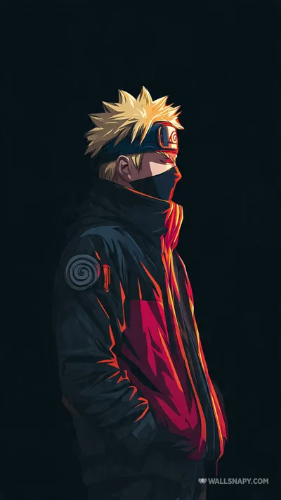 A side view of a hooded ninja lit red from one side and blue from the other, the spiral crest just visible on the sleeve.