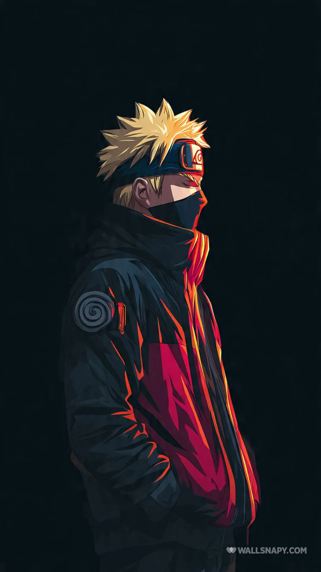 A side view of a hooded ninja lit red from one side and blue from the other, the spiral crest just visible on the sleeve.
